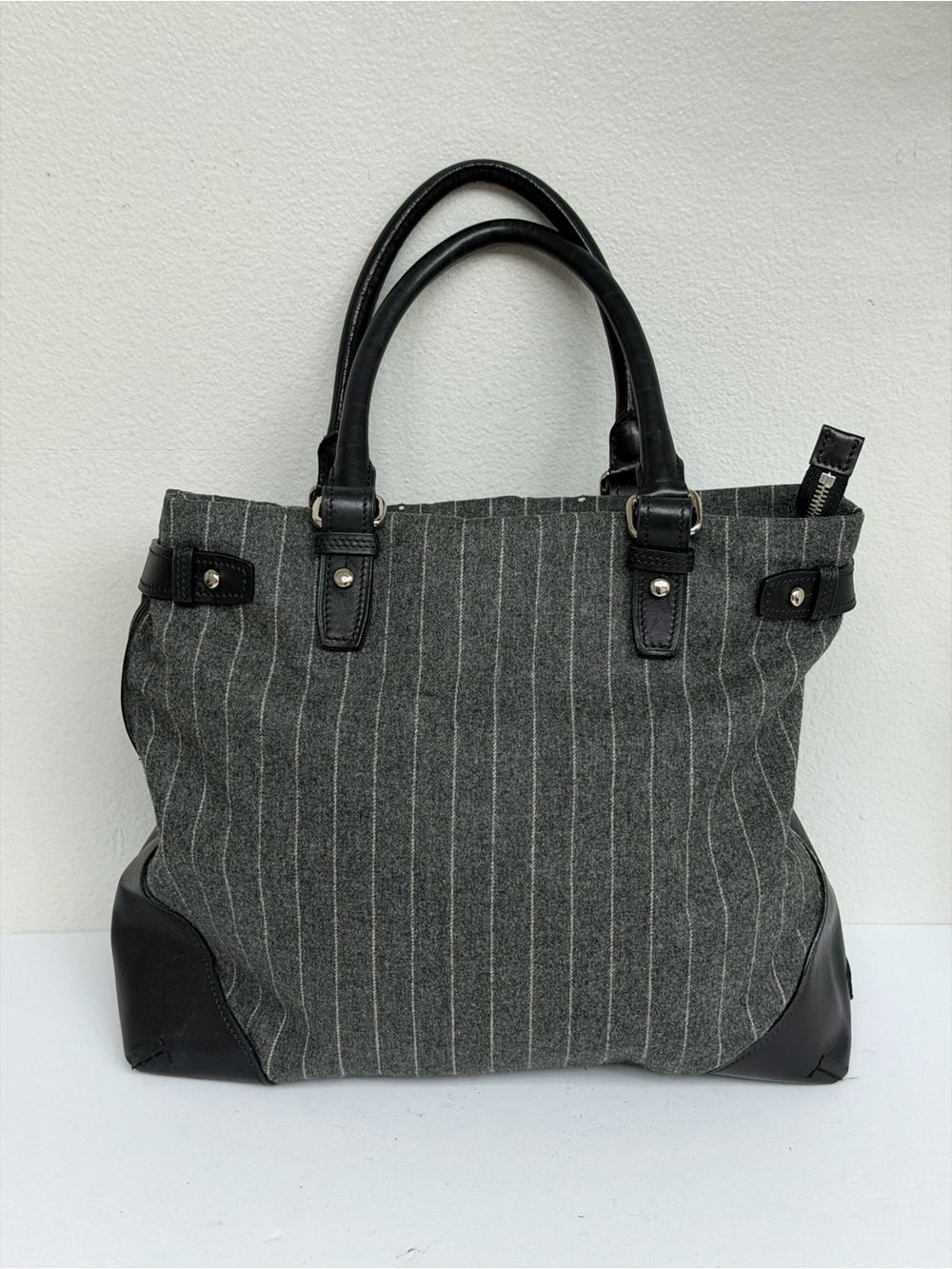 TUMI Chatham East West Satchel Tote Gray Pinstripe Wool Leather Made in Italy